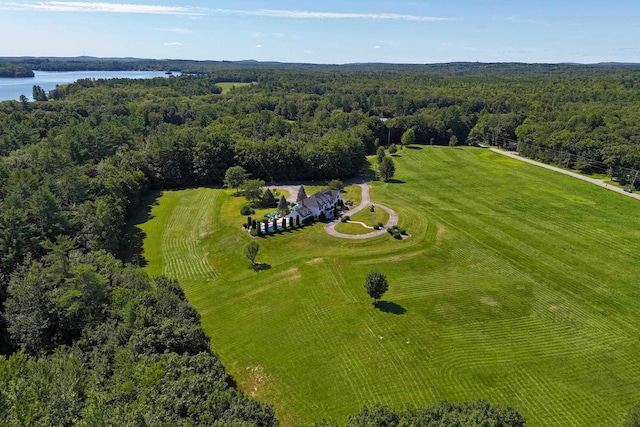 birds eye view of property featuring a water view and a wooded view