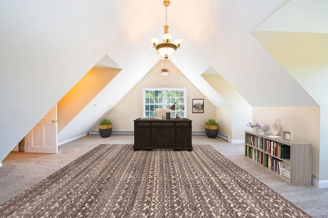 additional living space with carpet, lofted ceiling, a baseboard heating unit, a chandelier, and baseboards