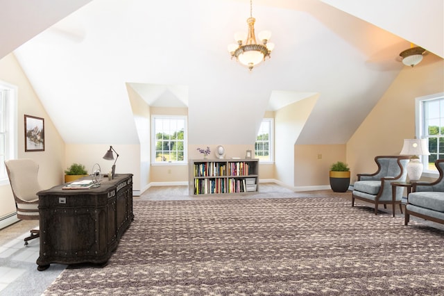 carpeted office with lofted ceiling, a notable chandelier, and baseboards