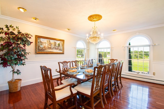 dining area featuring a baseboard radiator, wood-type flooring, ornamental molding, and a chandelier