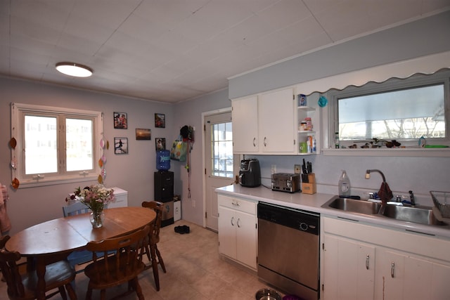 kitchen featuring a sink, white cabinetry, light countertops, dishwasher, and open shelves