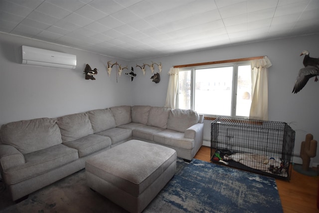 living room featuring a wall mounted air conditioner and wood finished floors