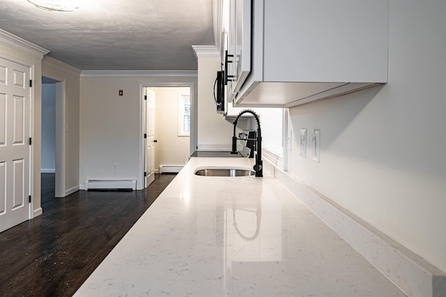 kitchen with dark wood-style flooring, baseboard heating, a sink, and ornamental molding