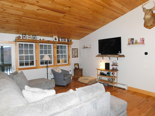 living area with wood ceiling, baseboards, vaulted ceiling, and wood finished floors