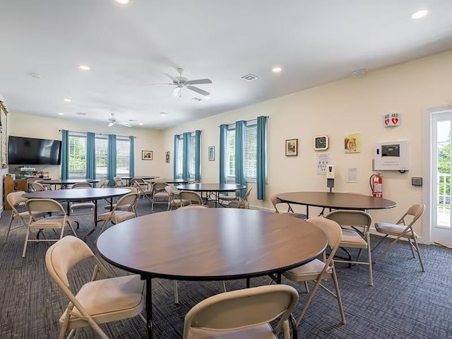 dining area featuring recessed lighting, visible vents, and ceiling fan