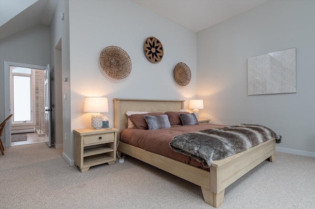 bedroom featuring light carpet, a baseboard radiator, baseboards, and vaulted ceiling