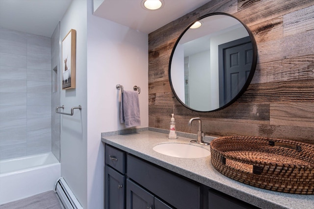 full bathroom with recessed lighting, decorative backsplash, baseboard heating, wooden walls, and vanity