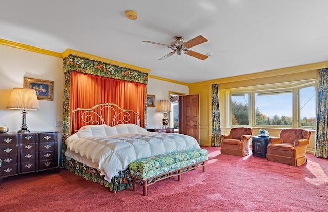 bedroom with ornamental molding, carpet, and ceiling fan