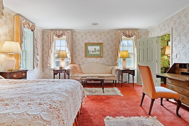 bedroom with wallpapered walls, carpet, multiple windows, and ornamental molding