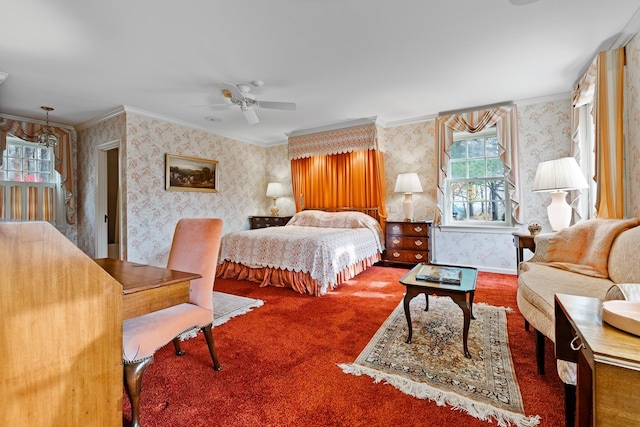 carpeted bedroom with crown molding, baseboards, a ceiling fan, and wallpapered walls