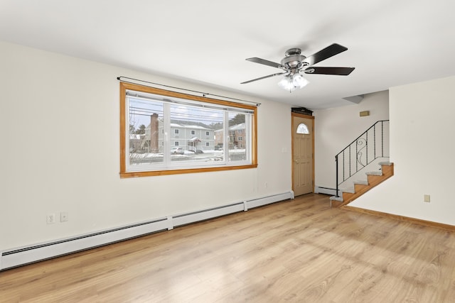 empty room featuring light wood-style floors, baseboards, stairway, and baseboard heating