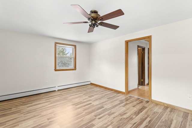 empty room featuring light wood finished floors, a baseboard radiator, baseboards, and a ceiling fan