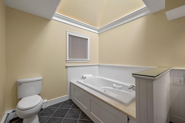 bathroom with wainscoting, toilet, a baseboard radiator, tile patterned floors, and a garden tub