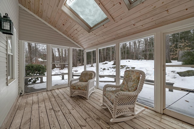 sunroom / solarium featuring wooden ceiling, lofted ceiling with skylight, and a healthy amount of sunlight