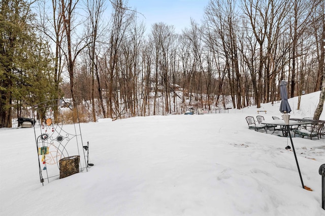 yard covered in snow featuring outdoor dining space