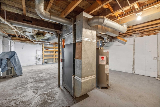 unfinished below grade area with electric water heater and heating unit