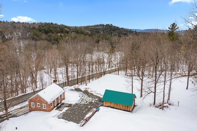 snowy aerial view with a forest view