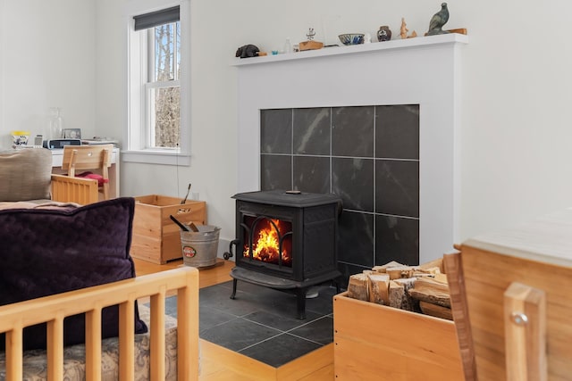 interior space with a wood stove