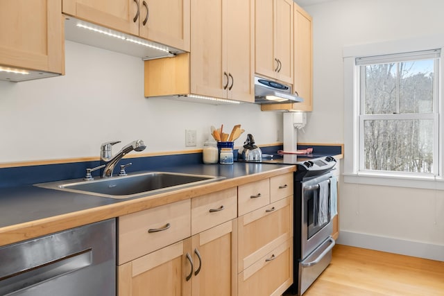 kitchen featuring under cabinet range hood, stainless steel appliances, and light brown cabinetry