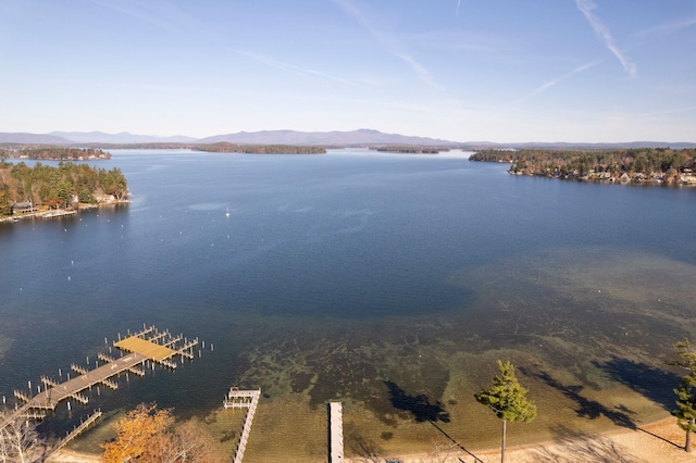 birds eye view of property with a water and mountain view