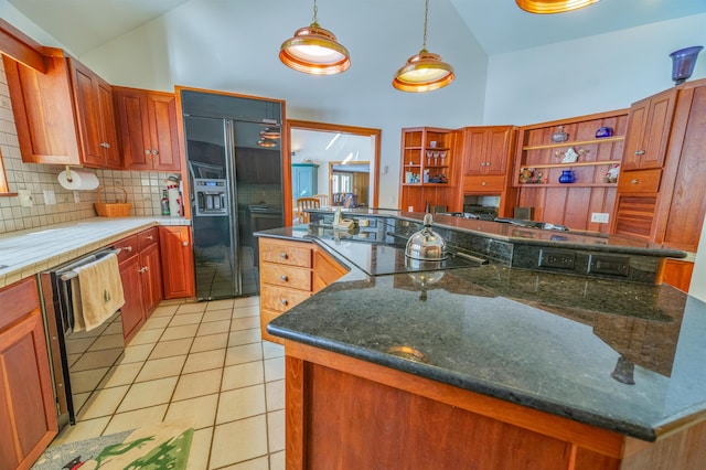 kitchen with light tile patterned floors, high vaulted ceiling, open shelves, backsplash, and black appliances