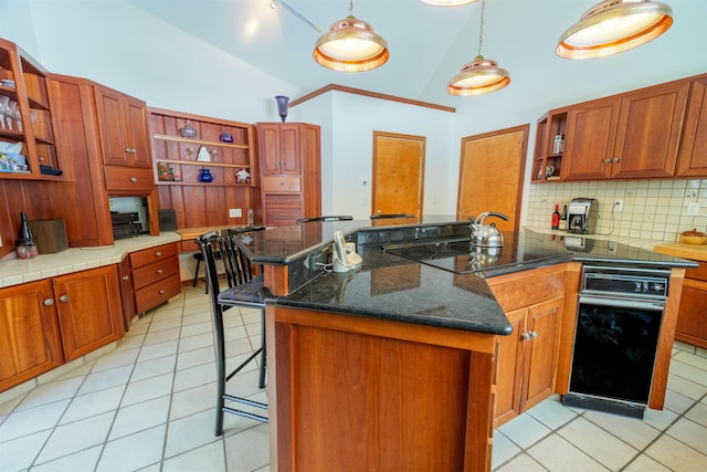 kitchen featuring light tile patterned floors, black electric stovetop, open shelves, and high vaulted ceiling