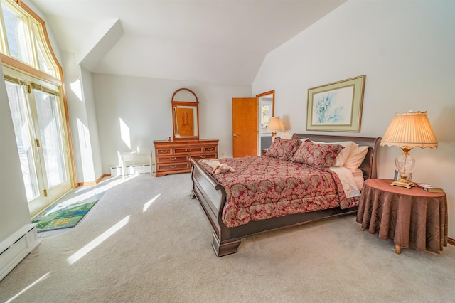 carpeted bedroom with a baseboard radiator, high vaulted ceiling, and access to outside