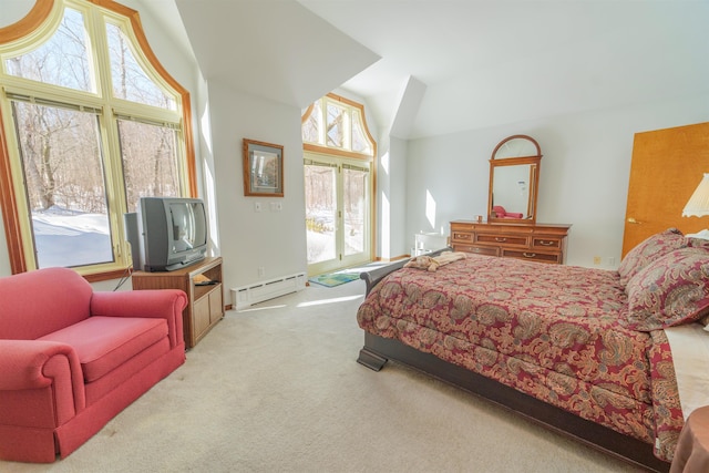 bedroom featuring high vaulted ceiling, a baseboard heating unit, and carpet flooring