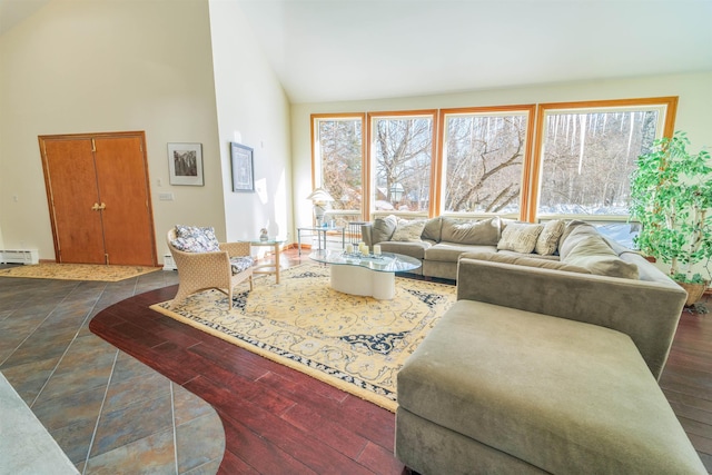 living area with high vaulted ceiling, dark wood-type flooring, and baseboard heating