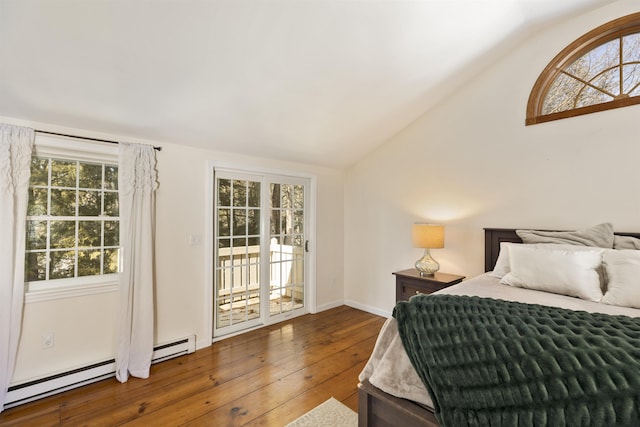 bedroom with lofted ceiling, a baseboard radiator, baseboards, access to exterior, and wood-type flooring