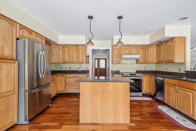 kitchen with under cabinet range hood, a sink, appliances with stainless steel finishes, a center island, and dark wood finished floors