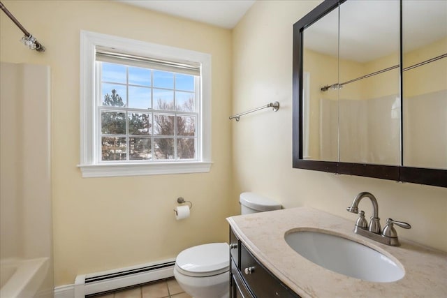 bathroom featuring a baseboard heating unit, vanity, and toilet