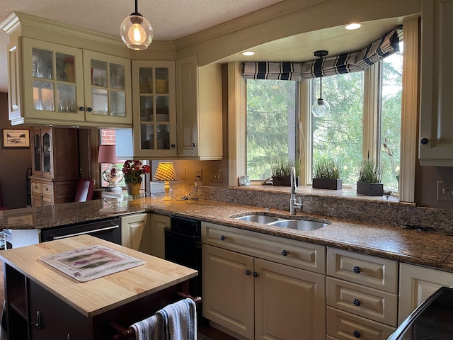 kitchen featuring decorative light fixtures, a peninsula, a sink, wooden counters, and glass insert cabinets