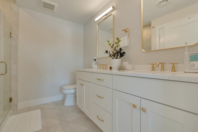 full bath with a stall shower, visible vents, a sink, and toilet