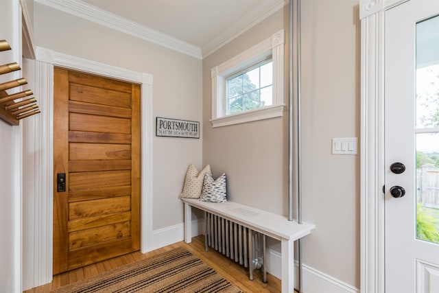 interior space with light wood-type flooring, radiator, crown molding, and baseboards