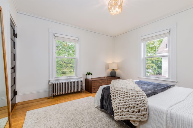 bedroom with radiator heating unit and wood finished floors