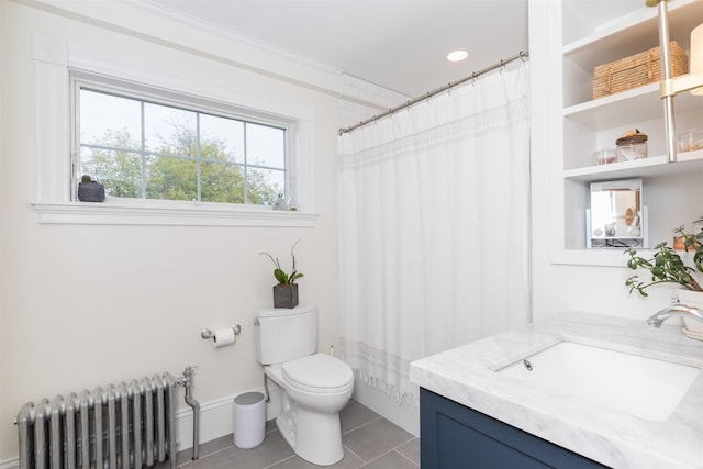 bathroom featuring a shower with shower curtain, radiator, toilet, tile patterned floors, and vanity