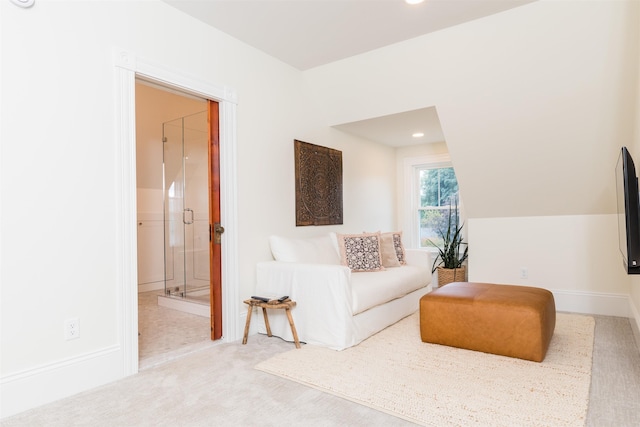 living area featuring carpet floors, recessed lighting, and baseboards