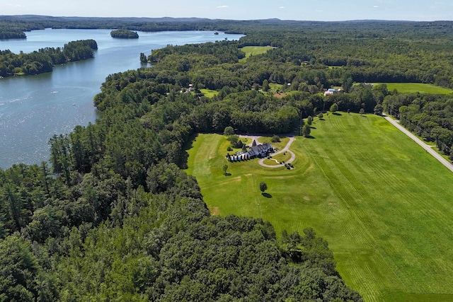 aerial view with a water view and a wooded view