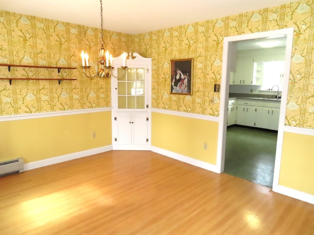 unfurnished dining area featuring wallpapered walls, a chandelier, and wainscoting