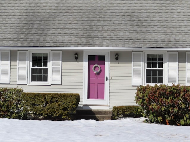 view of exterior entry with roof with shingles