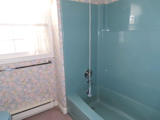 full bathroom featuring toilet, wallpapered walls, bathtub / shower combination, and baseboard heating