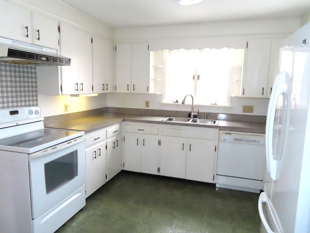 kitchen featuring under cabinet range hood, white appliances, a sink, white cabinets, and open shelves