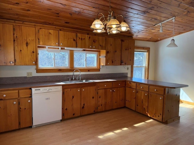 kitchen with white dishwasher, wooden ceiling, a sink, brown cabinets, and dark countertops