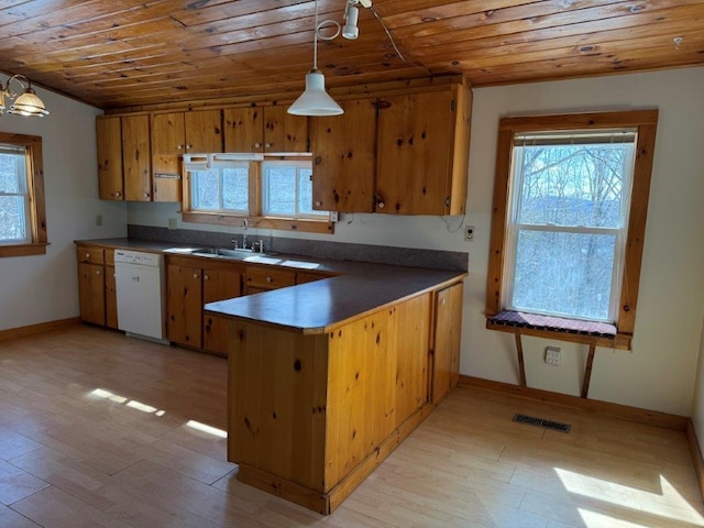 kitchen with a peninsula, a sink, wood ceiling, visible vents, and dishwasher