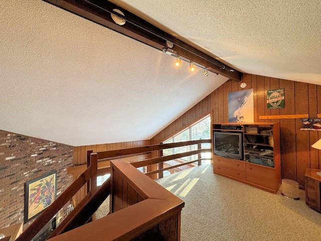 interior space with lofted ceiling, track lighting, a textured ceiling, and wooden walls