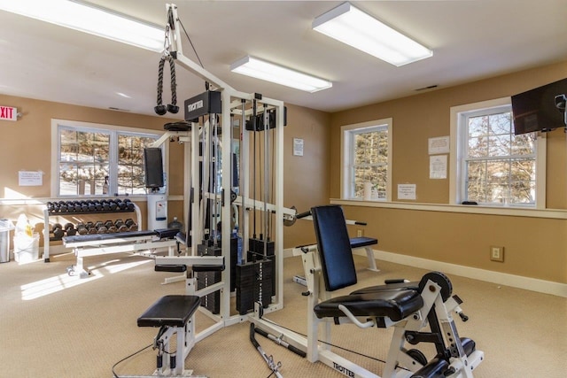 workout area featuring carpet, visible vents, and baseboards