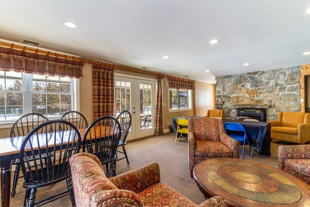 living room with french doors, carpet, visible vents, and recessed lighting