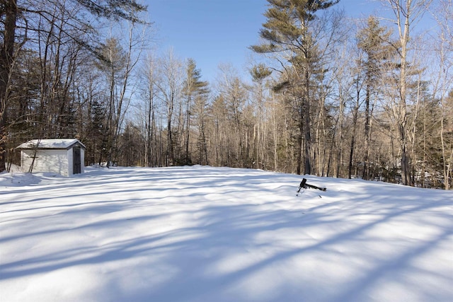 yard covered in snow with an outbuilding, a wooded view, and a shed