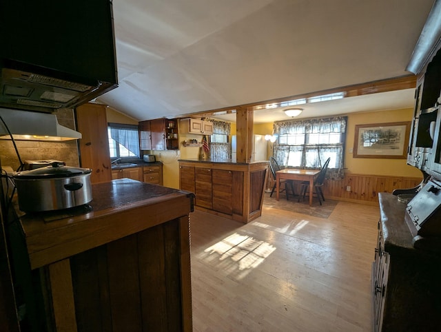 kitchen featuring dark countertops, a wainscoted wall, lofted ceiling, brown cabinets, and light wood-style floors